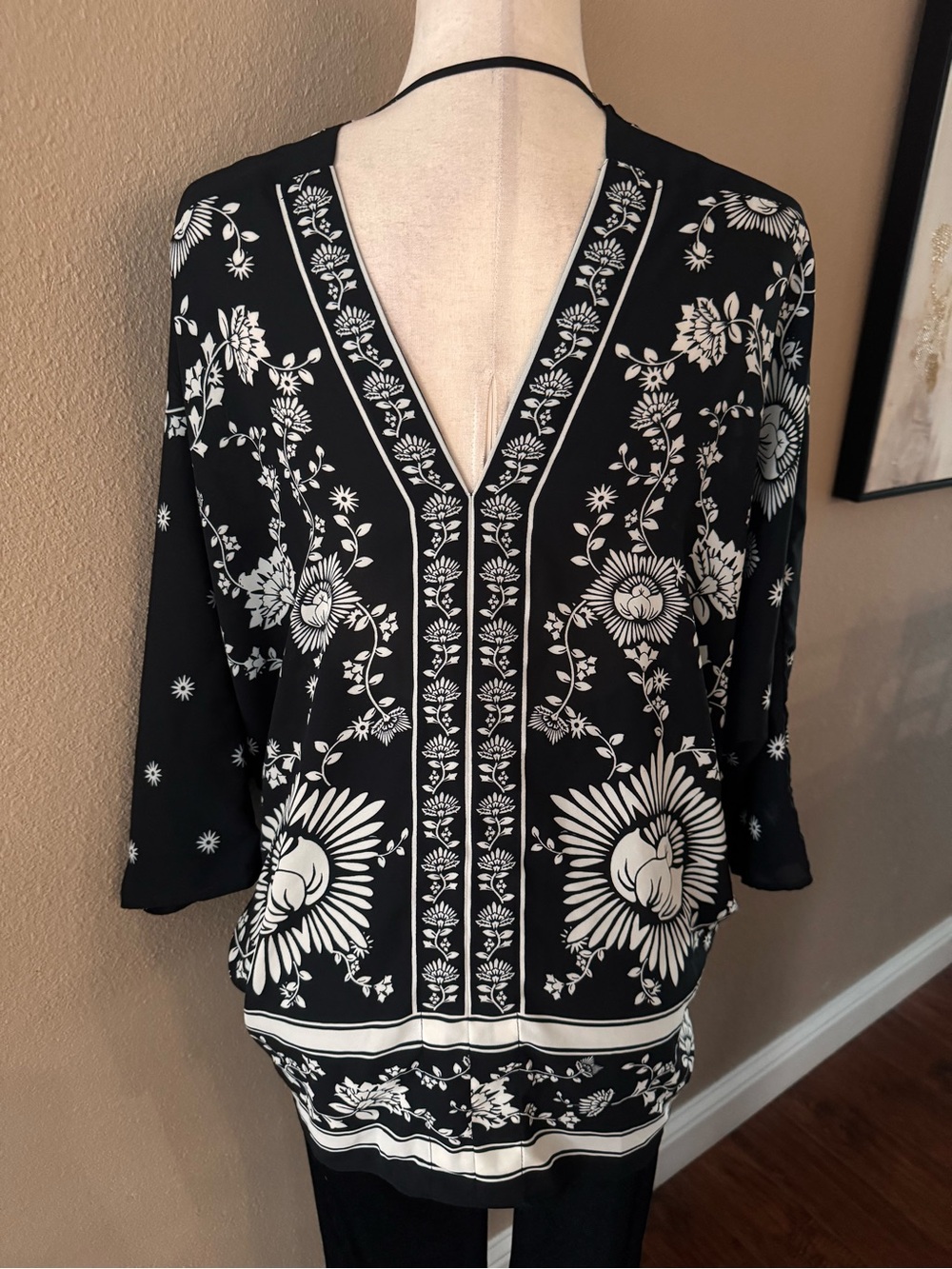 Rose & Olive Black and Cream Floral V-Neck Boho Blouse - Picture 8 of 8